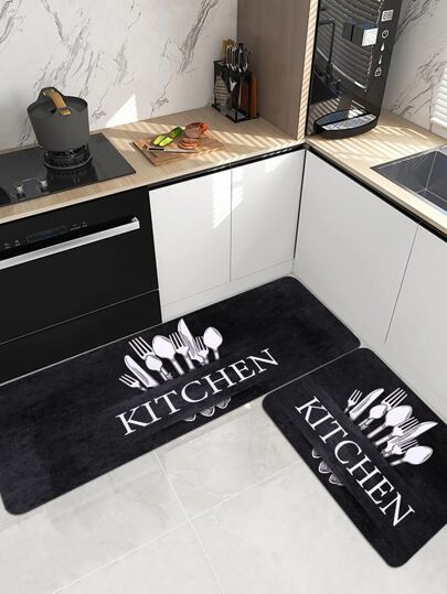 1/2 Pc Black Vintage Kitchen Utensil Printed Soft Plush Anti-Slip Area Rug, Suitable For Living Room, Dining Room, Bedroom