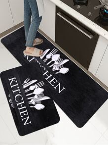 1/2 Pc Black Vintage Kitchen Utensil Printed Soft Plush Anti-Slip Area Rug, Suitable For Living Room, Dining Room, Bedroom - Multicolor - View 3