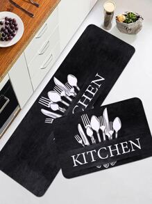 1/2 Pc Black Vintage Kitchen Utensil Printed Soft Plush Anti-Slip Area Rug, Suitable For Living Room, Dining Room, Bedroom - Multicolor - View 4