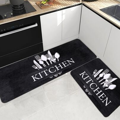 1/2 Pc Black Vintage Kitchen Utensil Printed Soft Plush Anti-Slip Area Rug, Suitable For Living Room, Dining Room, Bedroom