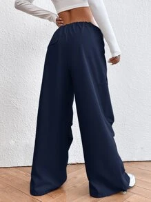 SHEIN EZwear Drawstring Waist Parachute Trousers - Navy Blue - View 2