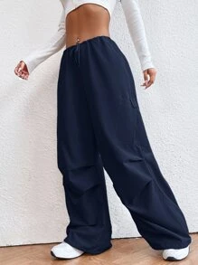 SHEIN EZwear Drawstring Waist Parachute Trousers - Navy Blue - View 3