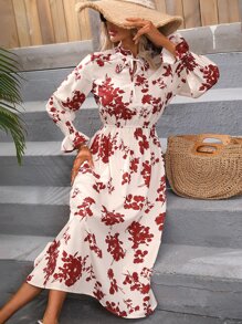 SHEIN VCAY 印花繫帶領荷葉袖連衣裙不附腰帶 - 白色 - 查看 1