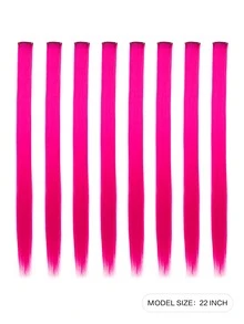 8PCS Colored Clip In Hair Extensions For Girls 22Inch Rainbow Straight Synthetic Hairpieces - Hot Pink - View 2