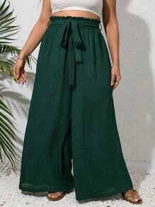 SHEIN VCAY Plus Paperbag Waist Belted Wide Leg Trousers - Dark Green - View 1