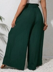 SHEIN VCAY Plus Paperbag Waist Belted Wide Leg Trousers - Dark Green - View 2
