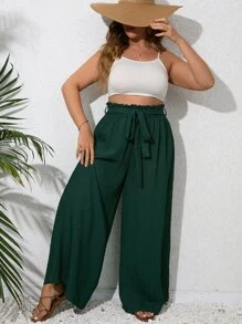 SHEIN VCAY Plus Paperbag Waist Belted Wide Leg Trousers - Dark Green - View 3
