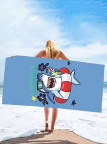 Khăn đi biển họa tiết cá mập hoạt hình, Khăn tập yoga sợi nhỏ dễ thương, Khăn tắm biển đa năng cho cắm trại, bơi - Màu xanh lam - Xem 1