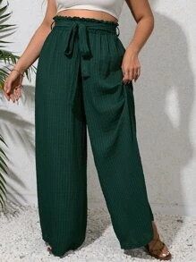 SHEIN VCAY Plus Paperbag Waist Belted Wide Leg Trousers - Dark Green - View 4