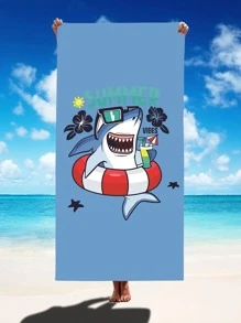 Khăn đi biển họa tiết cá mập hoạt hình, Khăn tập yoga sợi nhỏ dễ thương, Khăn tắm biển đa năng cho cắm trại, bơi - Màu xanh lam - Xem 3