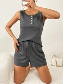 SHEIN Essnce Half Button Tank Top & Knot Front Shorts - Grey - View 1