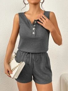 SHEIN Essnce Half Button Tank Top & Knot Front Shorts - Grey - View 4