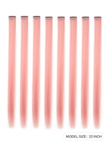 8PCS Tóc Giả Kẹp Màu Cho Bé Gái 22Inch Tóc Giả Tổng Hợp Thẳng Màu Cầu Vồng - Bụi hồng - Xem 2