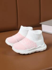 Girls Geometric Pattern Sock Sneakers Knit Sneakers Pink & White - White - View 1