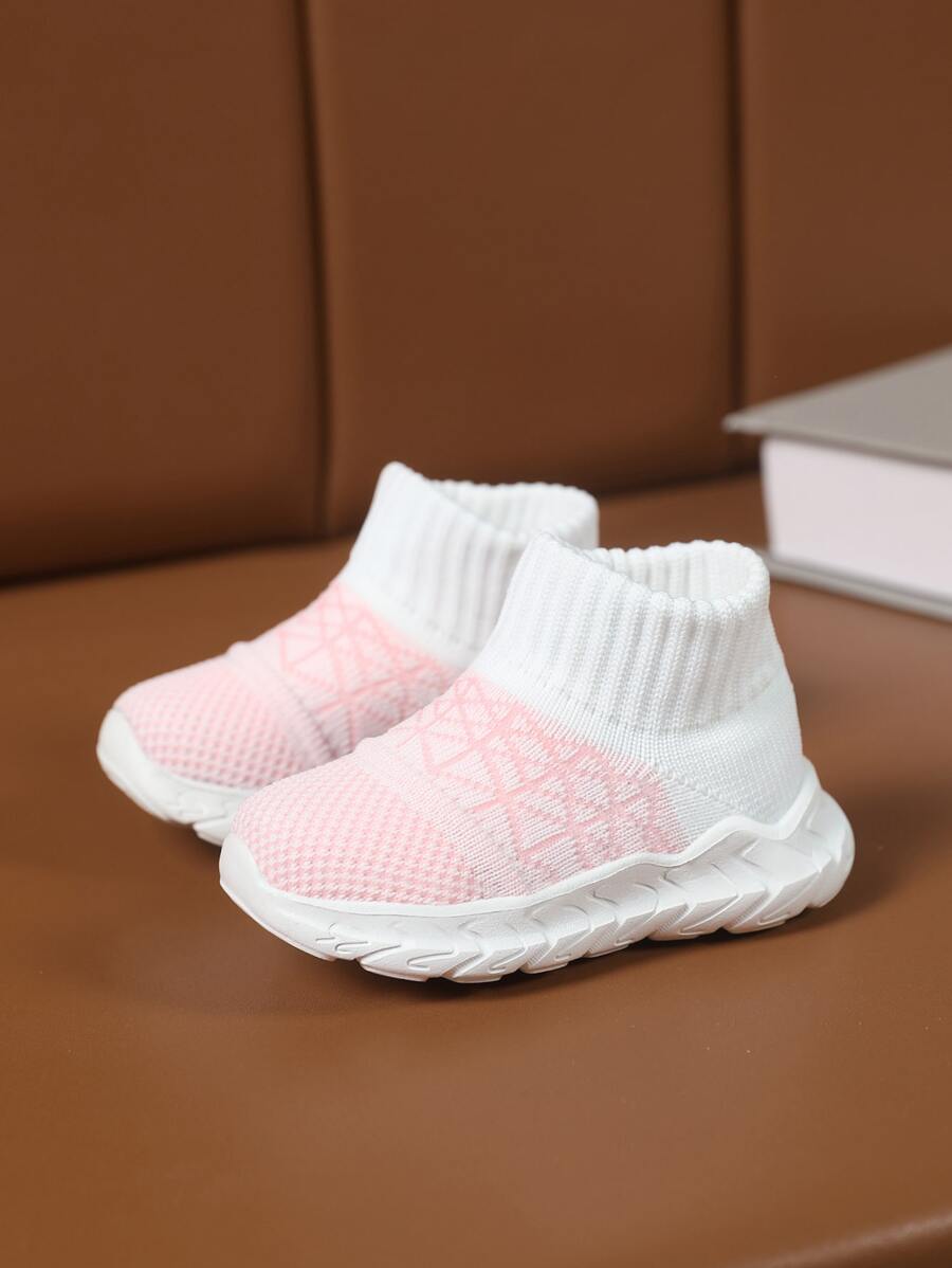Girls Geometric Pattern Sock Sneakers Knit Sneakers Pink & White - White - View 1