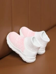 Girls Geometric Pattern Sock Sneakers Knit Sneakers Pink & White - White - View 2