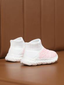 Girls Geometric Pattern Sock Sneakers Knit Sneakers Pink & White - White - View 3