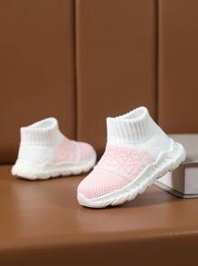 Girls Geometric Pattern Sock Sneakers Knit Sneakers Pink & White - White - View 4