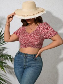 Plus Ditsy Floral Print Puff Sleeve Crop Top - Multicolor - View 1