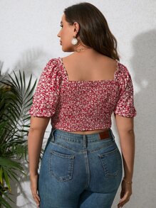 Plus Ditsy Floral Print Puff Sleeve Crop Top - Multicolor - View 2