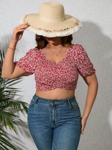Plus Ditsy Floral Print Puff Sleeve Crop Top - Multicolor - View 3