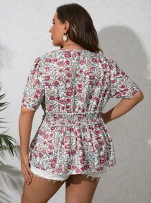 Plus Floral Print Puff Sleeve Peplum Blouse - Multicolor - View 2