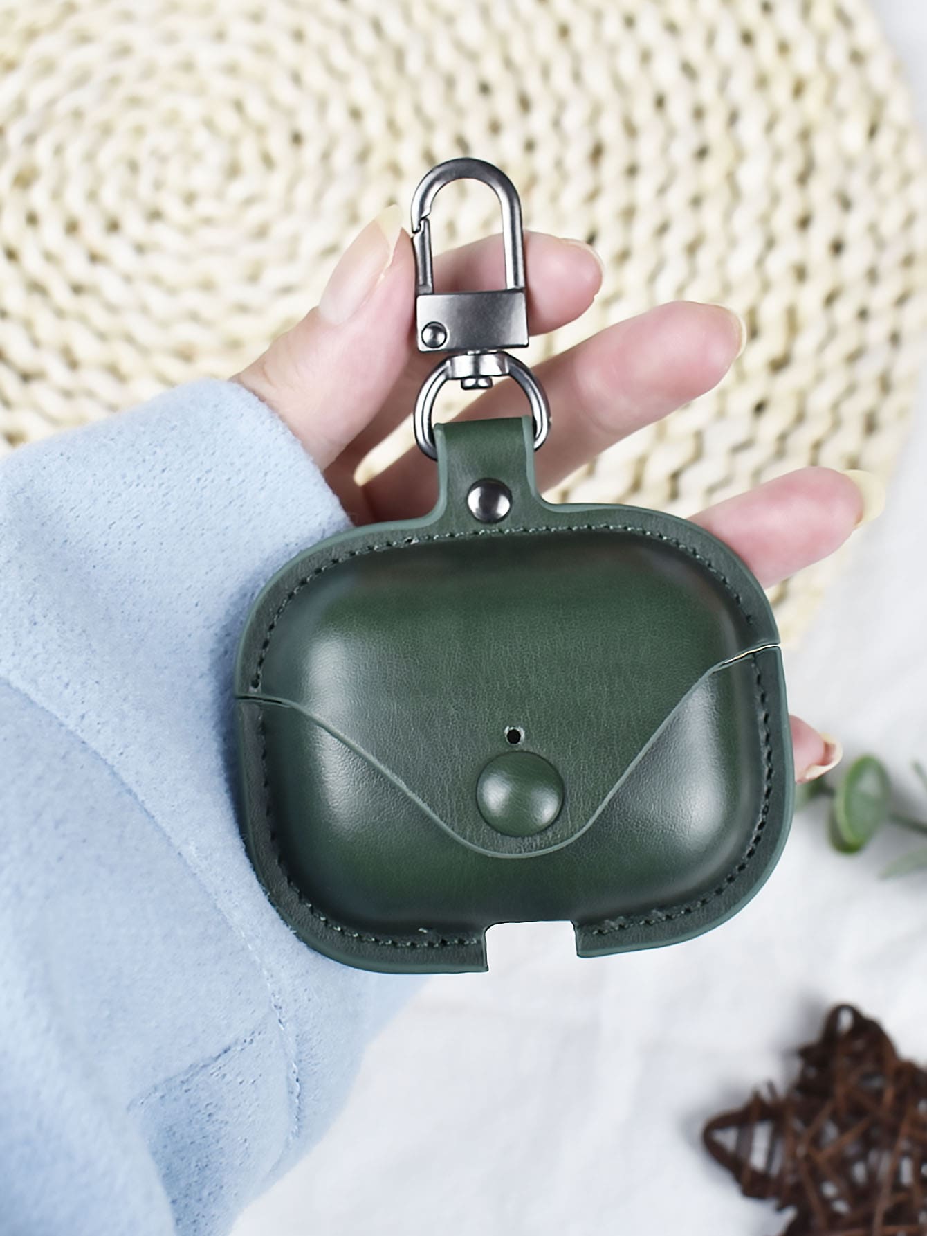 1入組男士素色殼套和鑰匙圈適用於Airpods - 綠色 - 查看 1