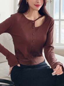 DAZY Ausgeschnittenes Knopfvorderteil Geripptes Strick Langarm Top - Rostbraun - Übersicht 4