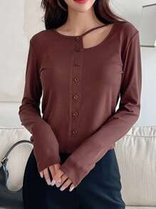 DAZY Ausgeschnittenes Knopfvorderteil Geripptes Strick Langarm Top - Rostbraun - Übersicht 6