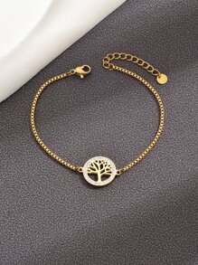 Pulsera de acero inoxidable con estilo de luz de lujo blanco europeo con diamante y diseño de árbol de la vida, adecuada para uso diario - Amarillo Oro - Ver 1