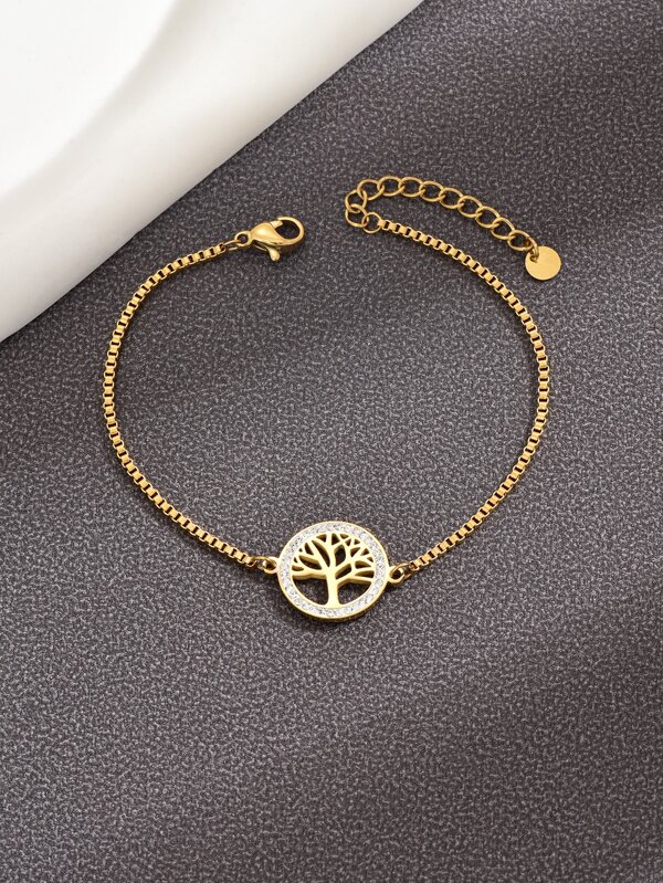 Pulsera de acero inoxidable con estilo de luz de lujo blanco europeo con diamante y diseño de árbol de la vida, adecuada para uso diario