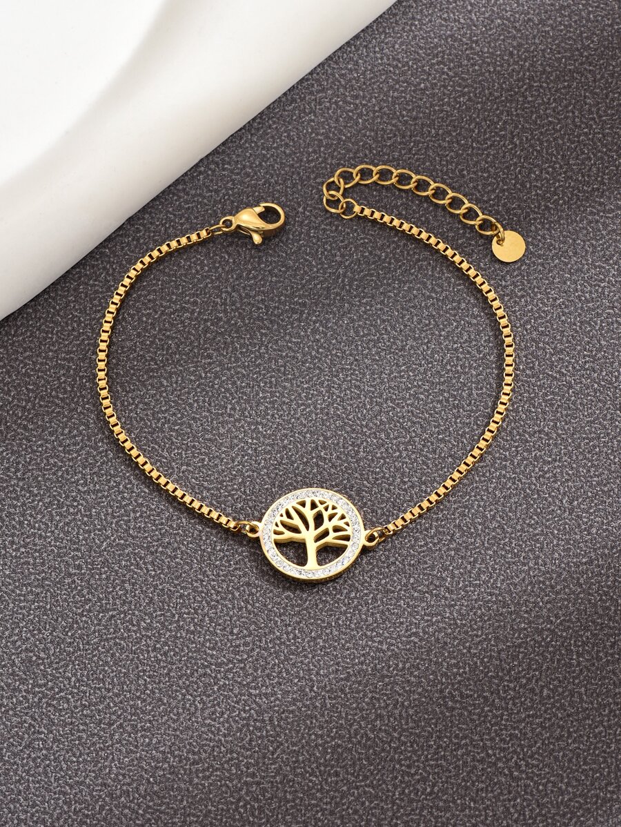 Pulsera de acero inoxidable con estilo de luz de lujo blanco europeo con diamante y diseño de árbol de la vida, adecuada para uso diario - Amarillo Oro - Ver 1