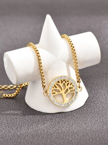 Pulsera de acero inoxidable con estilo de luz de lujo blanco europeo con diamante y diseño de árbol de la vida, adecuada para uso diario - Amarillo Oro - Ver 2