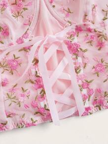 ROMWE Kawaii Áo ba lỗ ren thêu hoa, áo thun họa tiết cho nữ - Màu Hồng baby - Xem 4