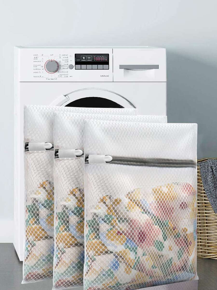 Set de 3 bolsas de lavandería de malla gruesa de 30x40cm, para primavera, minimalistas, tops de verano - Blanco - Ver 1
