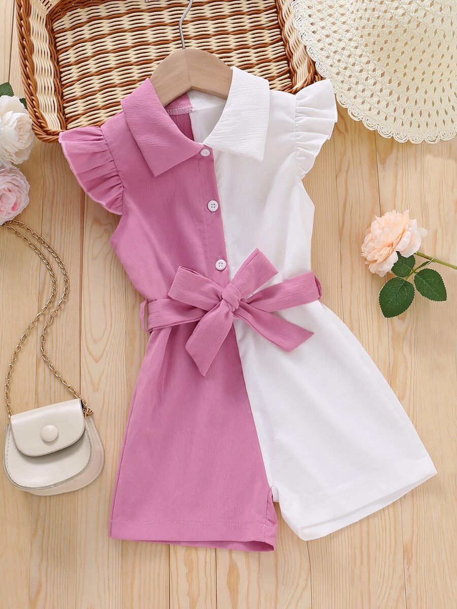 Toddler Girls Two Tone Ruffle Trim Belted Shirt Romper - Multicolor - View 1