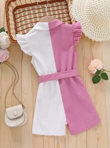 Toddler Girls Two Tone Ruffle Trim Belted Shirt Romper - Multicolor - View 2