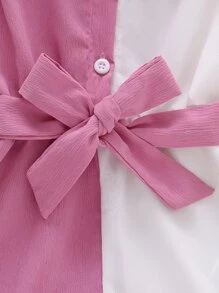 Toddler Girls Two Tone Ruffle Trim Belted Shirt Romper - Multicolor - View 3