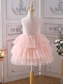 SHEIN Niñitas Vestido con encaje en contraste de malla bajo a capas - Rosa Pálido - Ver 1