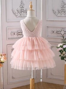 SHEIN Niñitas Vestido con encaje en contraste de malla bajo a capas - Rosa Pálido - Ver 2