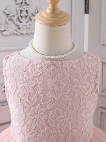 SHEIN Niñitas Vestido con encaje en contraste de malla bajo a capas - Rosa Pálido - Ver 3