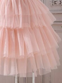 SHEIN Niñitas Vestido con encaje en contraste de malla bajo a capas - Rosa Pálido - Ver 4