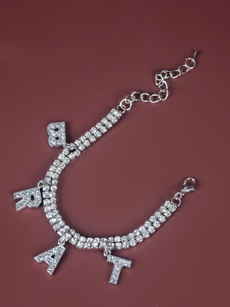 Rhinestone Letter Charm Bracelet - Silver - View 3