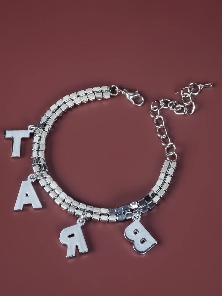 Rhinestone Letter Charm Bracelet - Silver - View 4