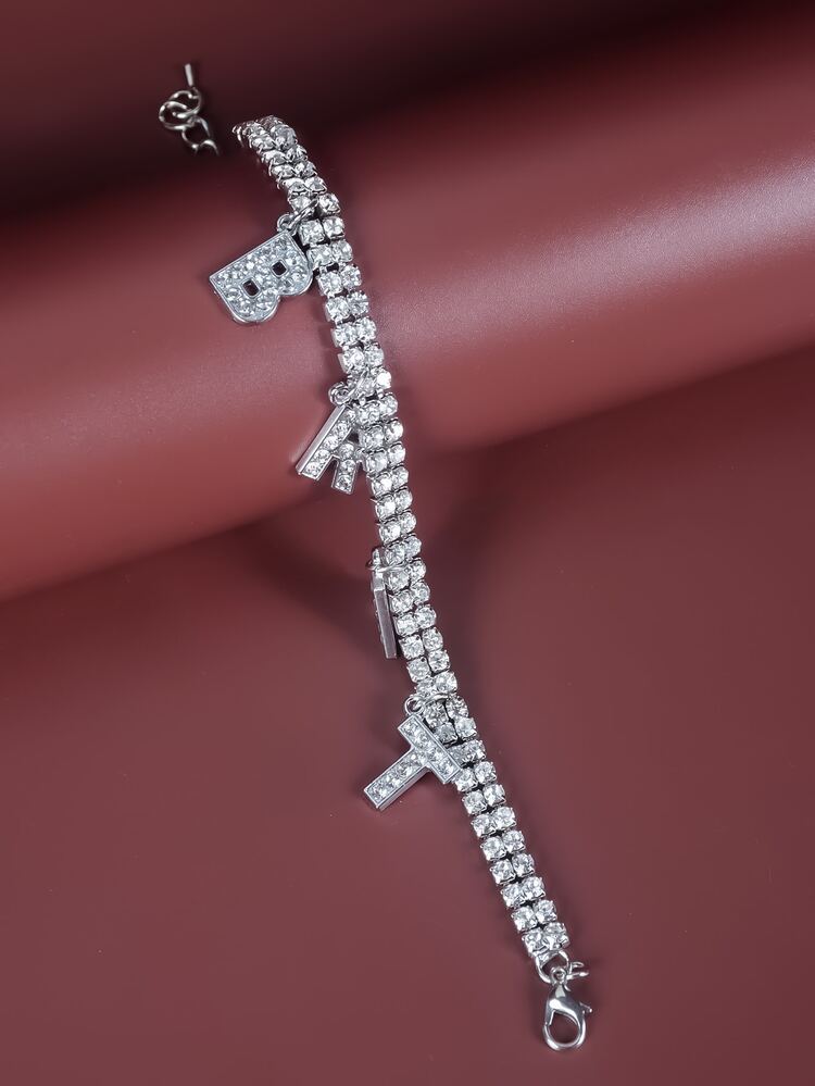 Rhinestone Letter Charm Bracelet - Silver - View 5