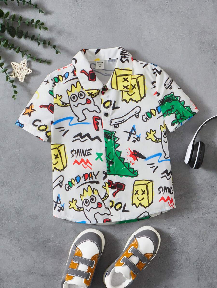 SHEIN Toddler Boys Cartoon & Letter Graphic Shirt - Multicolor - View 1
