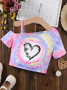 SHEIN Explorewe Tween Girl Tie Dye Heart Print Asymmetrical Neck Tee - Multicolor - View 1