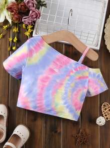 SHEIN Explorewe Tween Girl Tie Dye Heart Print Asymmetrical Neck Tee - Multicolor - View 2