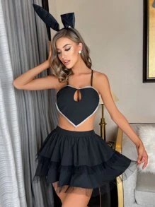 Contrast Binding Cut Out Animal Costume Set With Hairhoop - Black - View 3