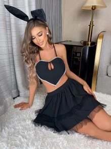 Contrast Binding Cut Out Animal Costume Set With Hairhoop - Black - View 2